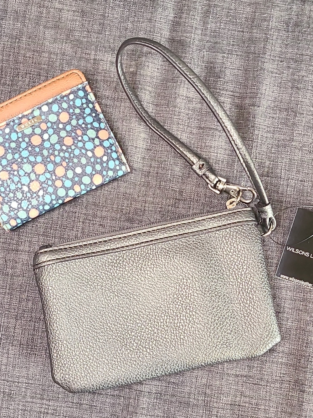 New Wilsons Leather Silver Metallic Wristlet with Strap + Polka Dot Relic Wallet